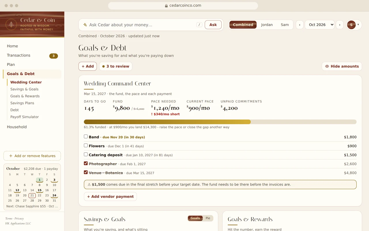 Goals and Debt on a laptop: the wedding fund against its target, the pace it needs, and every vendor payment with its due date