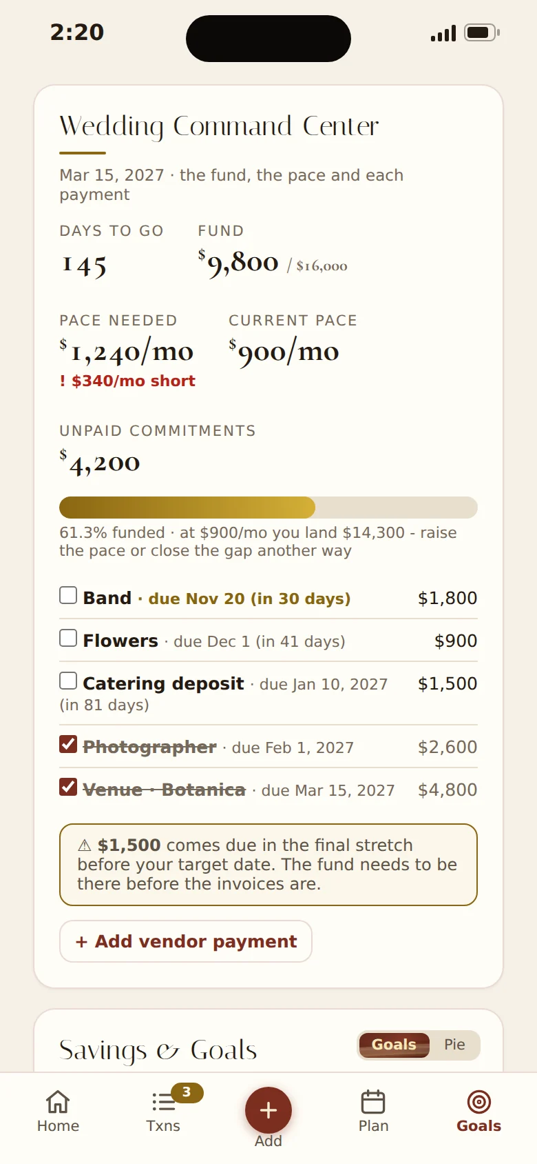 Goals and Debt on a phone: the wedding fund against its target, the pace it needs, and every vendor payment with its due date