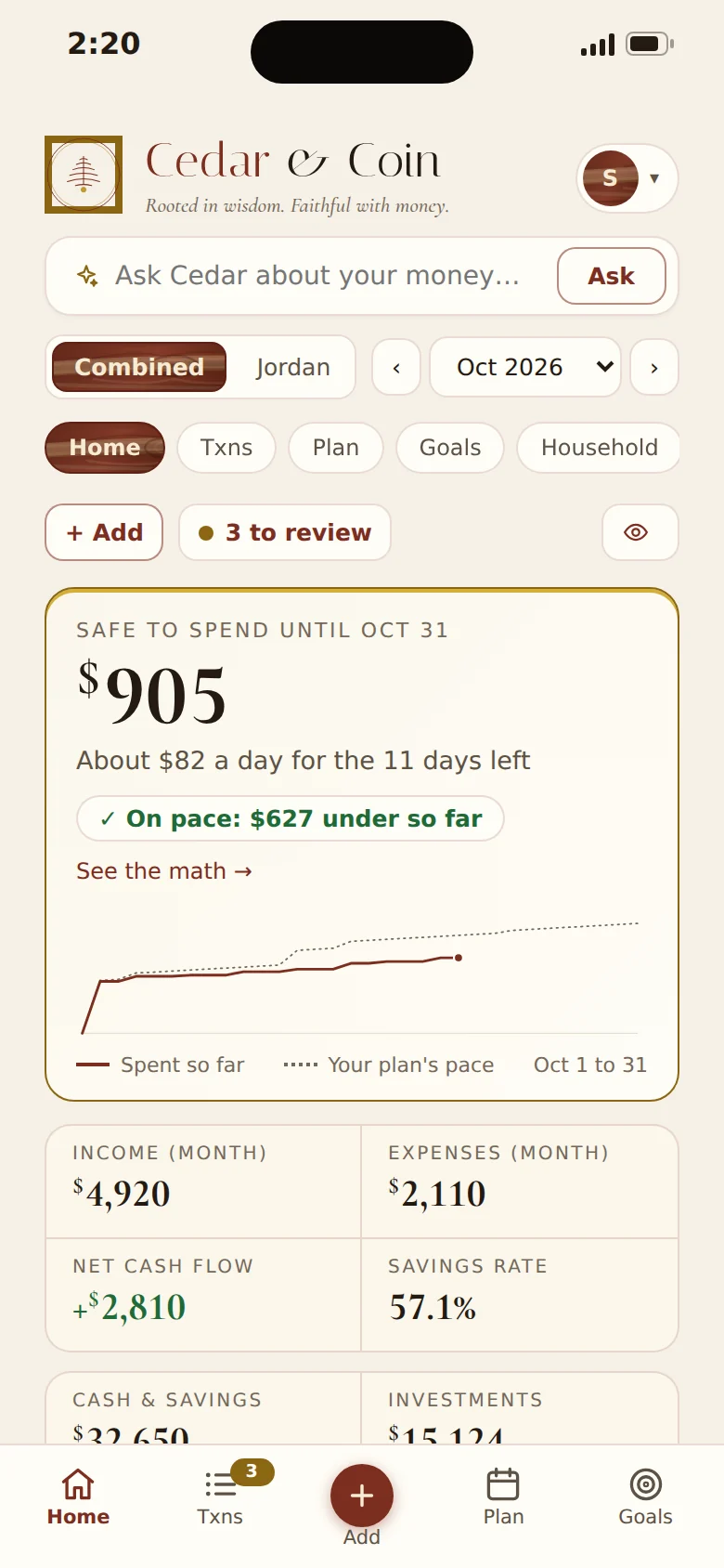 Home on a phone: the Safe to Spend number, about how much a day that leaves, and the month's pace