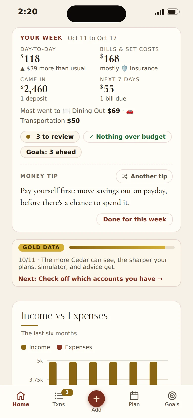 Your week on a phone: last week's spending next to a usual week, what's left to look over, the goals, and a money tip
